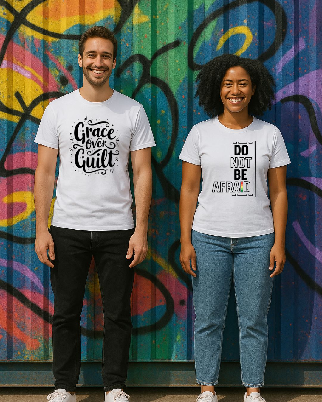 Two smiling models wearing VerseWear by L'authority Christian t-shirts with bold faith messages – 'Grace Over Guilt' and 'Do Not Be Afraid' – standing in front of a colorful graffiti wall
