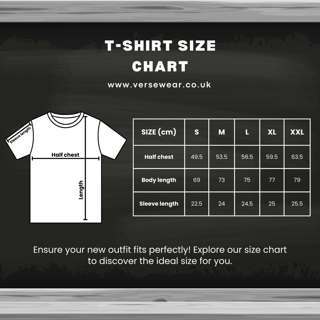 VerseWear by L'authority t-shirt size chart in centimeters showing measurements for half chest, body length, and sleeve length for sizes S to XXL – Christian streetwear sizing guide.
