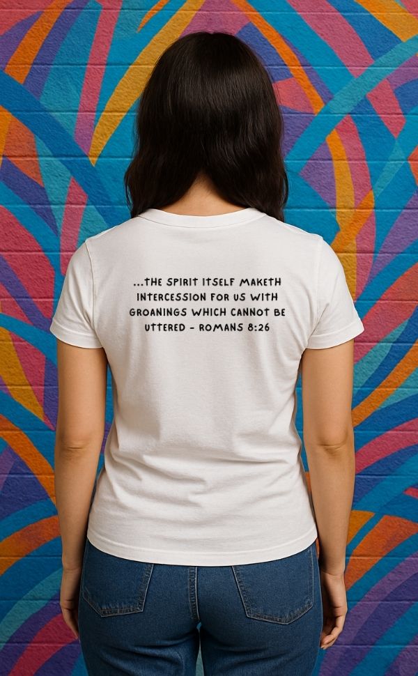 Back view of women's white t-shirt from VerseWear by L’authority featuring Romans 8:26 Bible verse – 'The Spirit maketh intercession... with groanings which cannot be uttered' – bold Christian fashion design.