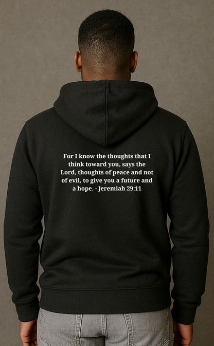 Back view of black VerseWear by L'authority men's Christian hoodie with Jeremiah 29:11 Bible verse printed in white – 'For I know the thoughts that I think toward you...' – faith-based inspirational clothing