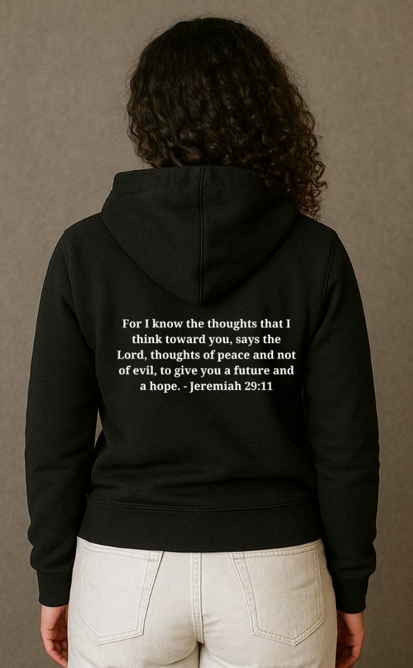 Back view of black VerseWear by L'authority women's Christian hoodie with Jeremiah 29:11 Bible verse printed in white – 'For I know the thoughts that I think toward you...' – faith-based inspirational clothing
