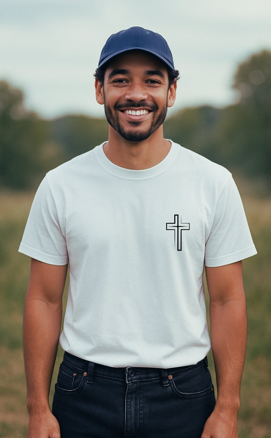 A smiling young Black man wearing a white Christian t-shirt from VerseWear by L’authority with a minimalist black cross symbol on the left chest. He stands outdoors in a serene, grassy countryside setting under soft natural light, radiating confidence and faith.