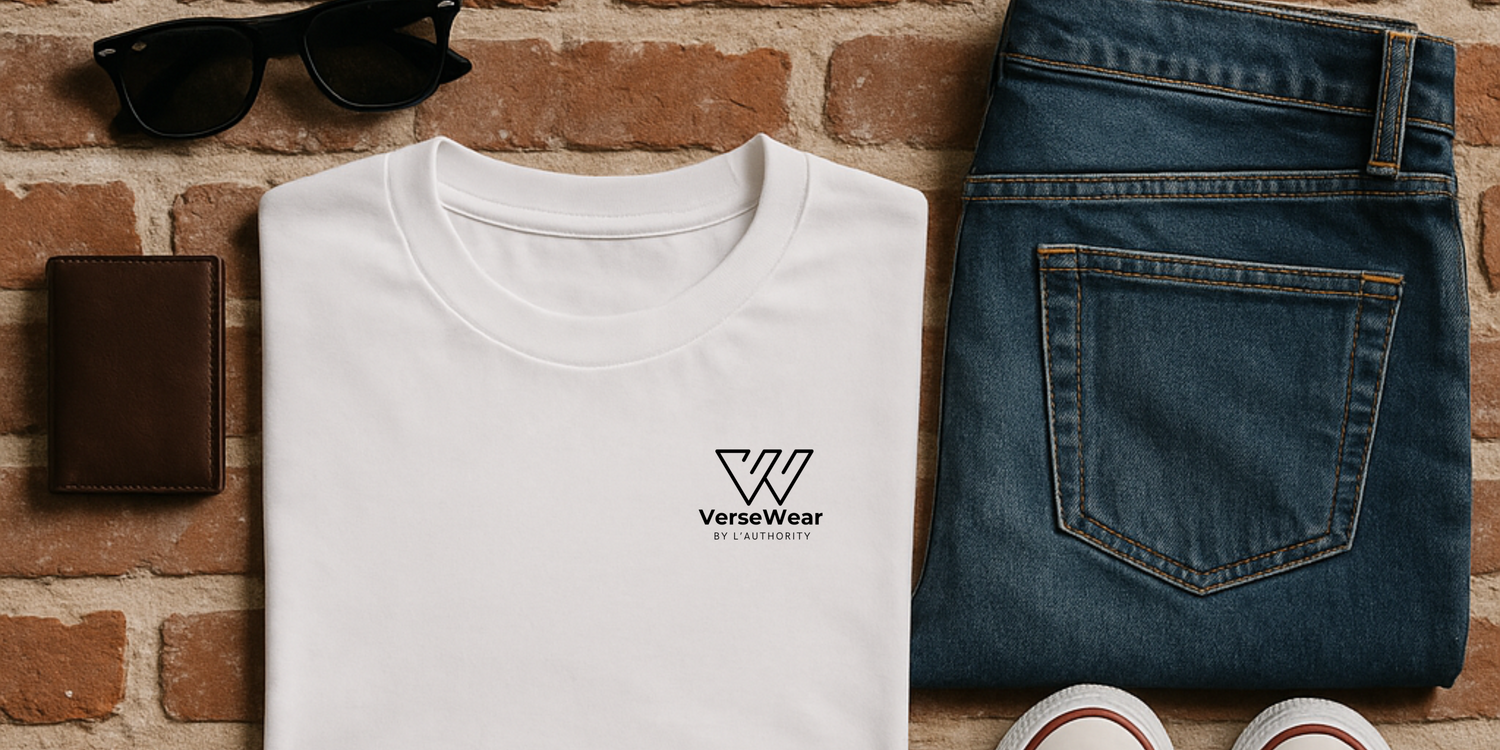 Flat lay of VerseWear by L'Authority white Christian t-shirt with logo, paired with blue jeans, sunglasses, wallet, and sneakers on a brick background – minimalist faith-based fashion.