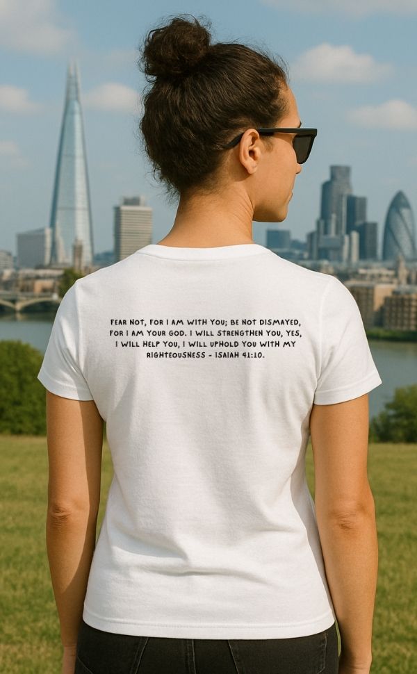 Back view of woman wearing white t-shirt from VerseWear by L’authority with Isaiah 41:10 verse – 'Fear not, for I am with you...' – Christian fashion captured with London skyline background