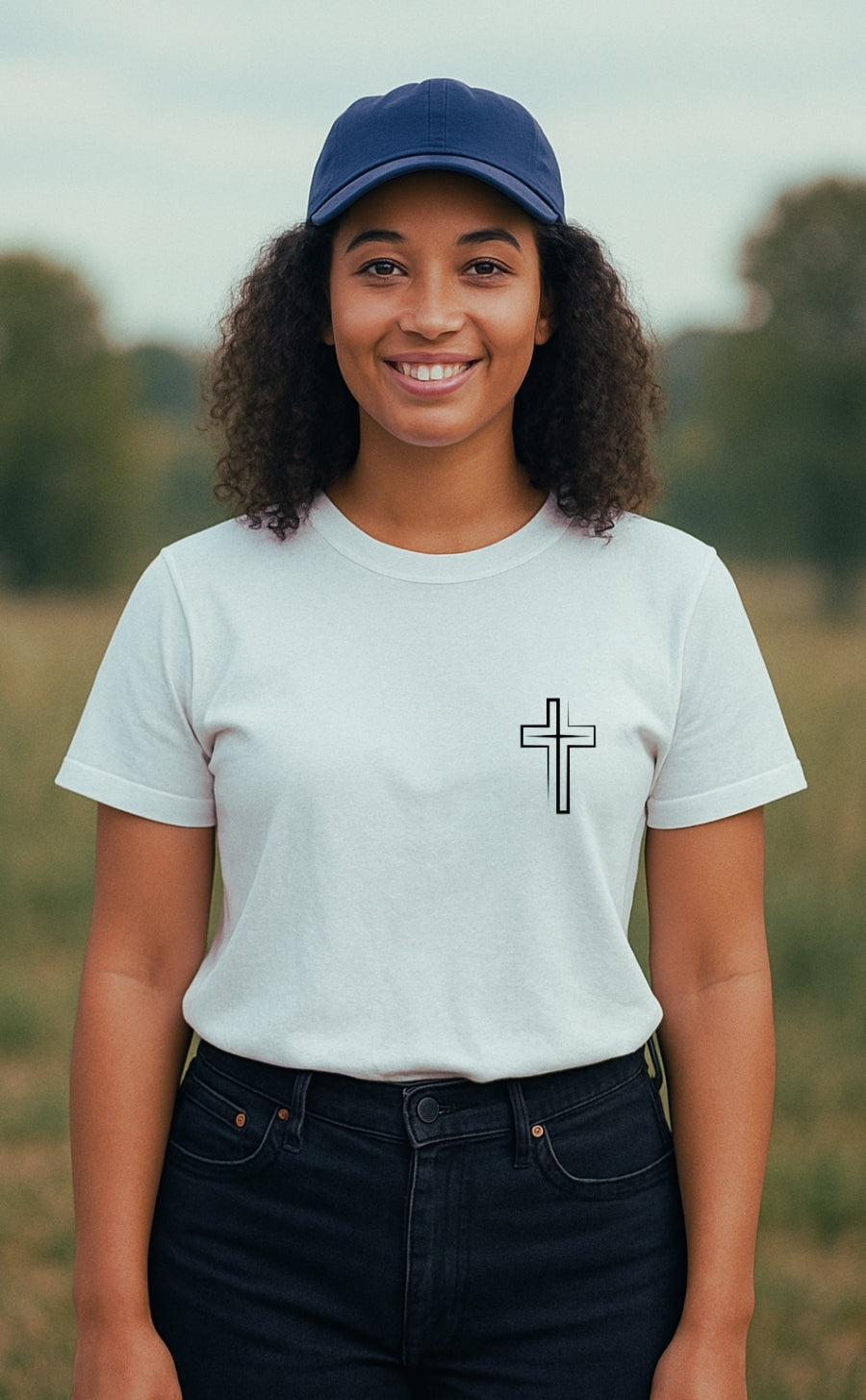 A young woman wearing a white Christian t-shirt from VerseWear by L'authority, featuring a minimalist black cross symbol on the left chest. She stands confidently in a peaceful rural setting, smiling softly—blending faith, simplicity, and modern streetwear style.